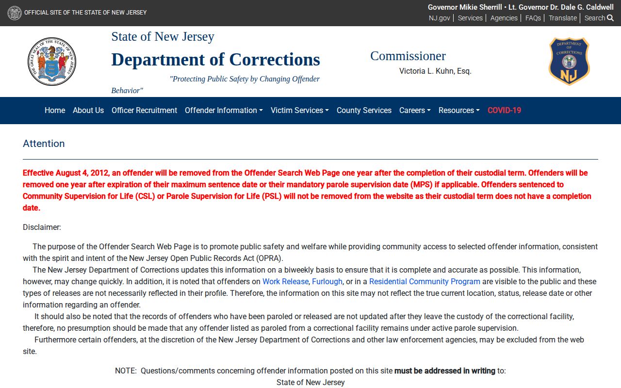 Somerset County released inmates NJDOC offender search form