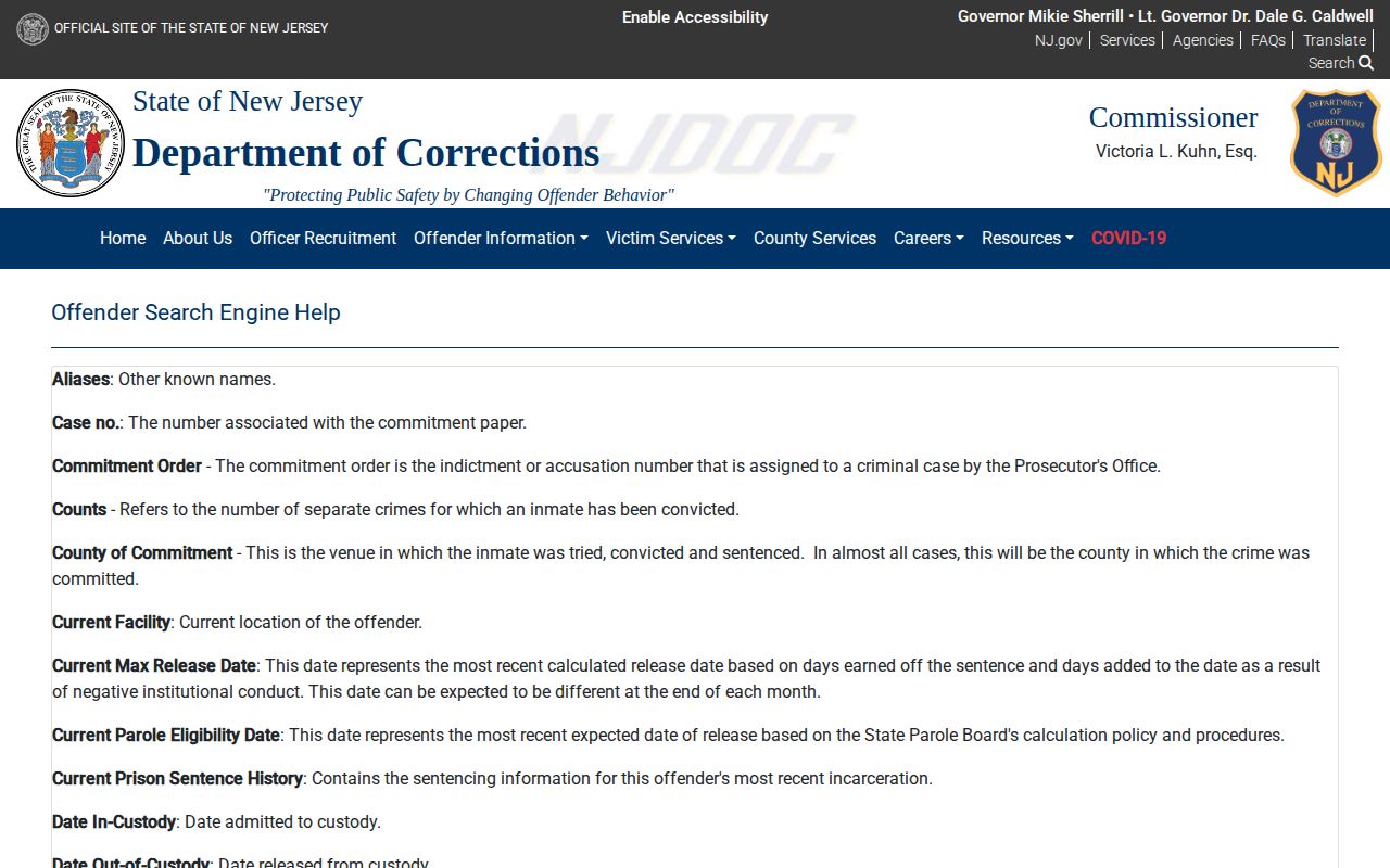 NJDOC projected release date fields for Somerset County inmates